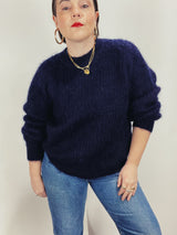 Men's or women's vintage 1980's  long sleeve pullover crew neck sweater in dark navy blue in mohair material. 