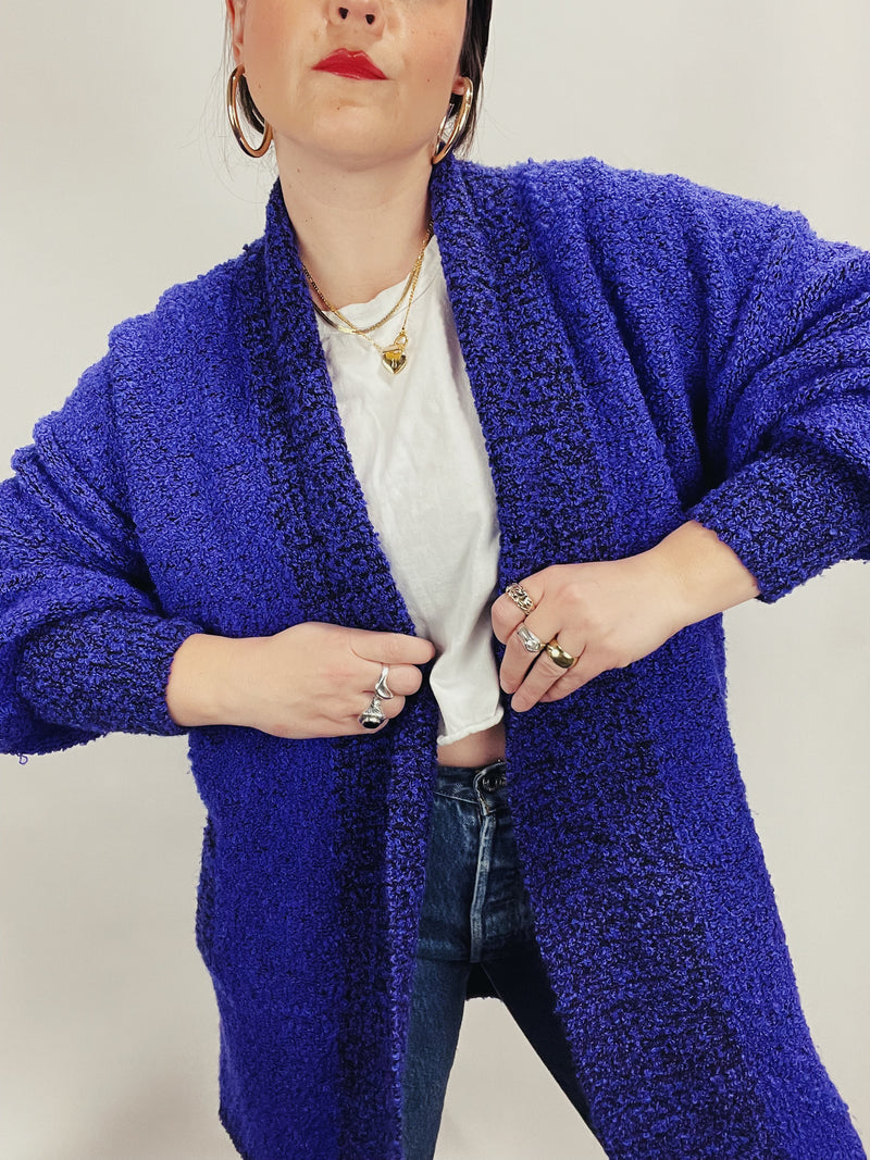 Women's vintage 1980's Fitting Image label long sleeve long length purple nubby cardigan with an open front. 