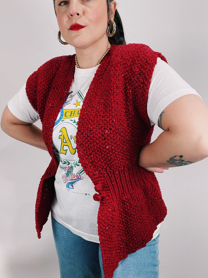 red knit sleeveless button up cardigan sweater vest