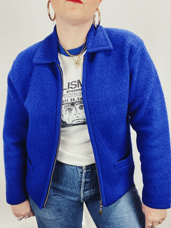long sleeve blue boiled wool zip up cardigan sweater