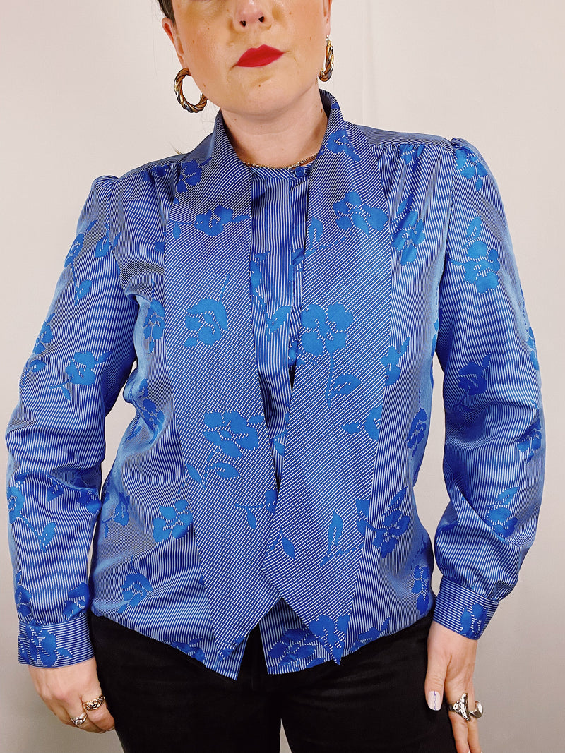 long sleeve blue tie neck blouse