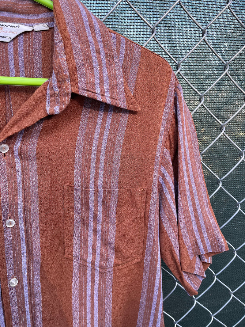 Men's vintage 1960's Towncraft Penneys short sleeve button up rayon shirt in brown with purple vertical stripes. 