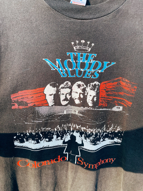 Men's or women's vintage 1992 Fruit of the Loom, Made in the USA label short sleeve black band t-shirt with white graphic on the front and back of The Mood Blues at Red Rocks, Colorado. 