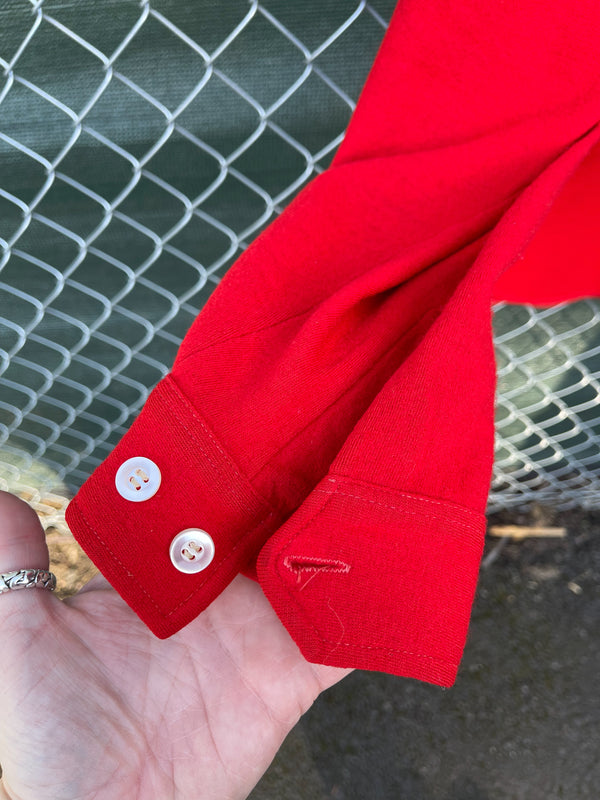 Men's or women's vintage 1960's The Spinnaker Shirt long sleeve pullover shirt with a half zip closure in bright red wool material. 
