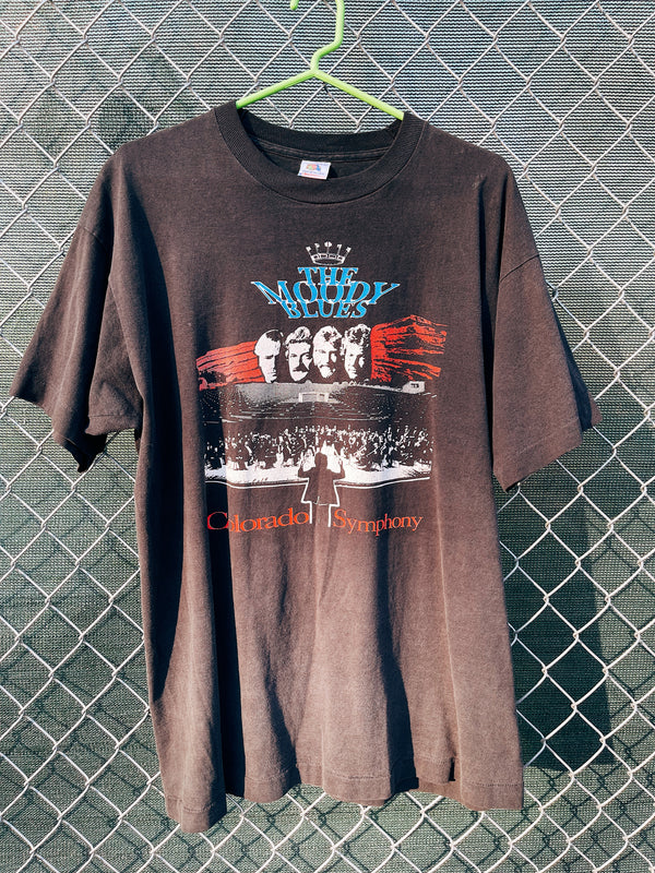 Men's or women's vintage 1992 Fruit of the Loom, Made in the USA label short sleeve black band t-shirt with white graphic on the front and back of The Mood Blues at Red Rocks, Colorado. 