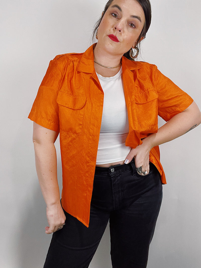 short sleeve orange button up blouse 