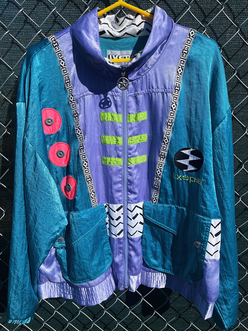 Vintage 1990's Ixspa by Jamie Sadock label funky long sleeve zip up satin track jacket with all over abstract details. 