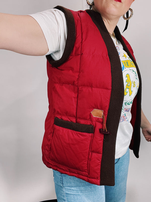 red sleeveless quilted puffy vest
