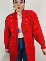 red long sleeve long length cardigan 