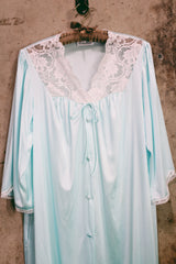 Women's vintage 1980's Fashion by Becky Sharpe, Made in USA label light blue nightie top with short sleeves and lace trim throughout.