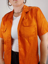 short sleeve orange button up blouse 