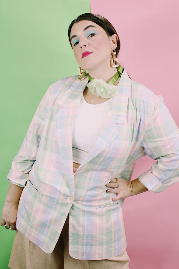 Women's vintage 1990's Alfred Dunner, Made in USA label long sleeve lightweight checkered plaid blazer with a one button closure in pink, blue, green, and yellow pastel colors. 