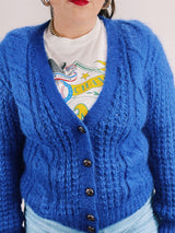long sleeve cable knit blue mohair cardigan