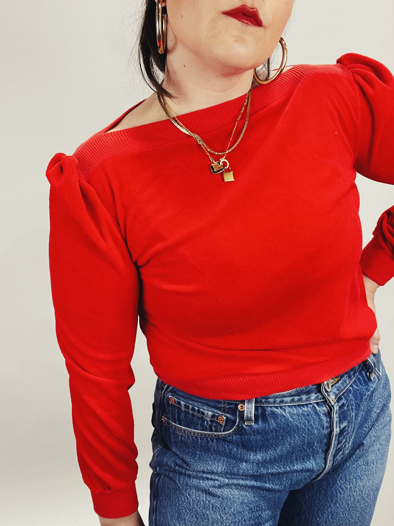 Women's vintage 1980's red velour velvet pullover sweater with ribbed trim and a boat neckline. 
