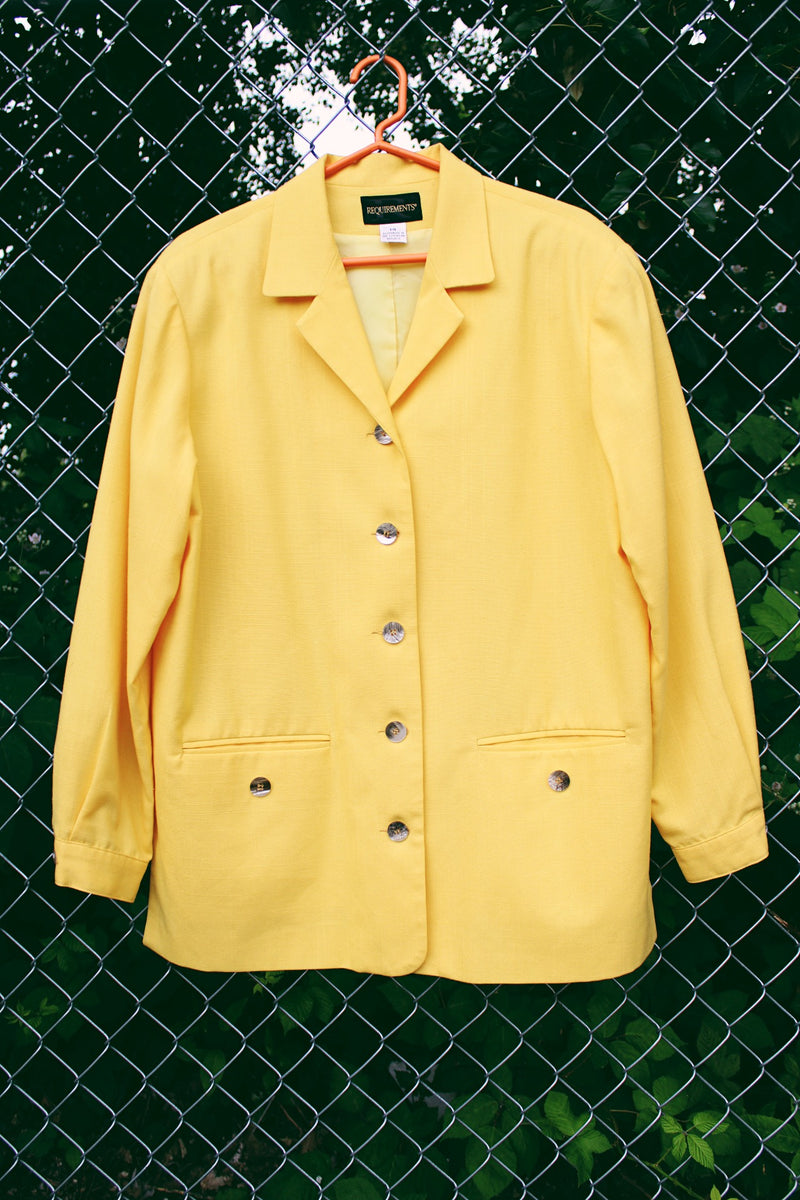 Women's vintage 1990's Requirements label long sleeve vibrant yellow button up blazer jacket. Shell buttons and linen like material.