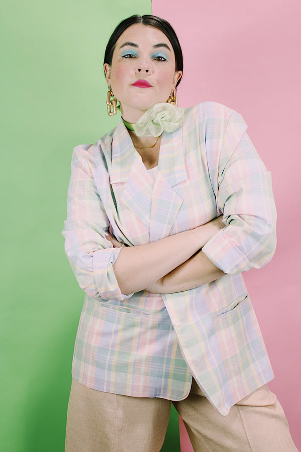 Women's vintage 1990's Alfred Dunner, Made in USA label long sleeve lightweight checkered plaid blazer with a one button closure in pink, blue, green, and yellow pastel colors. 