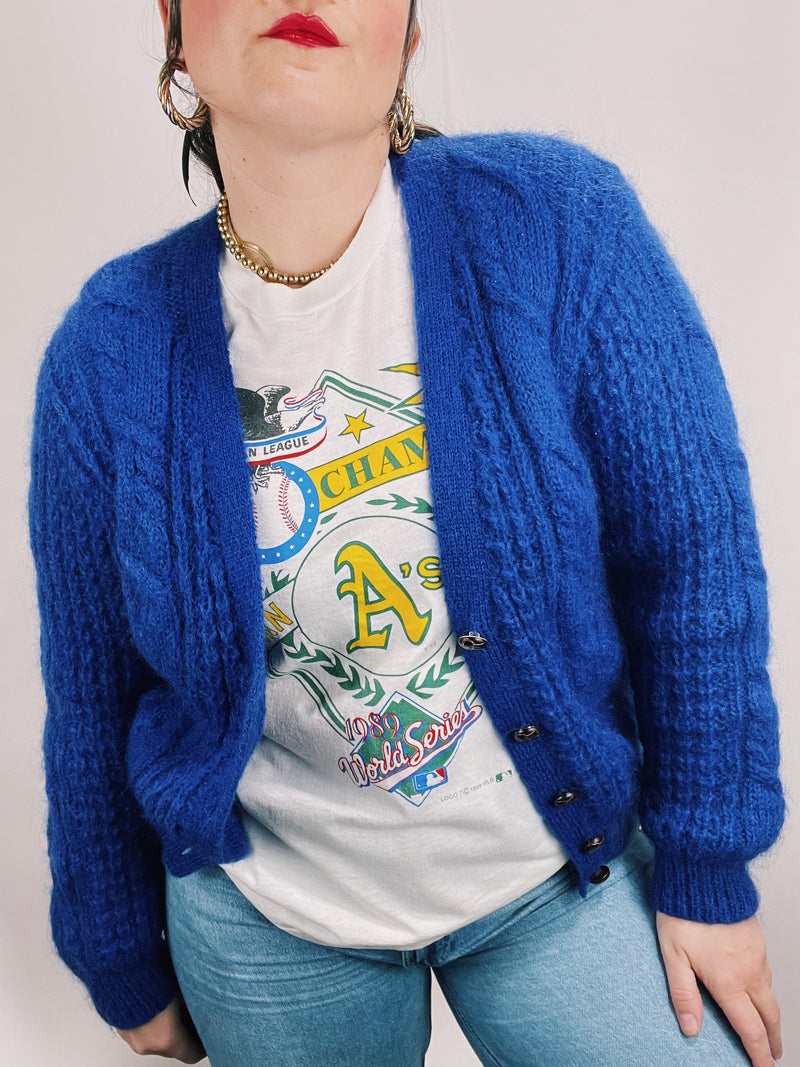 long sleeve cable knit blue mohair cardigan
