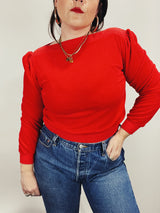 Women's vintage 1980's red velour velvet pullover sweater with ribbed trim and a boat neckline. 