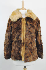 Women's vintage 1980's Dino Ricco, Made in Hong Kong label long sleeve zip up brown genuine fur coat with cream fur neckline.