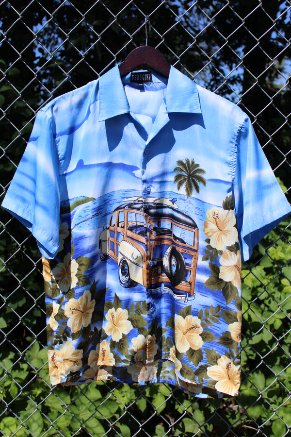 Men's vintage 1990's Ferugini short sleeve button up Hawaiian print shirt in a polyester material with a surf van graphic.