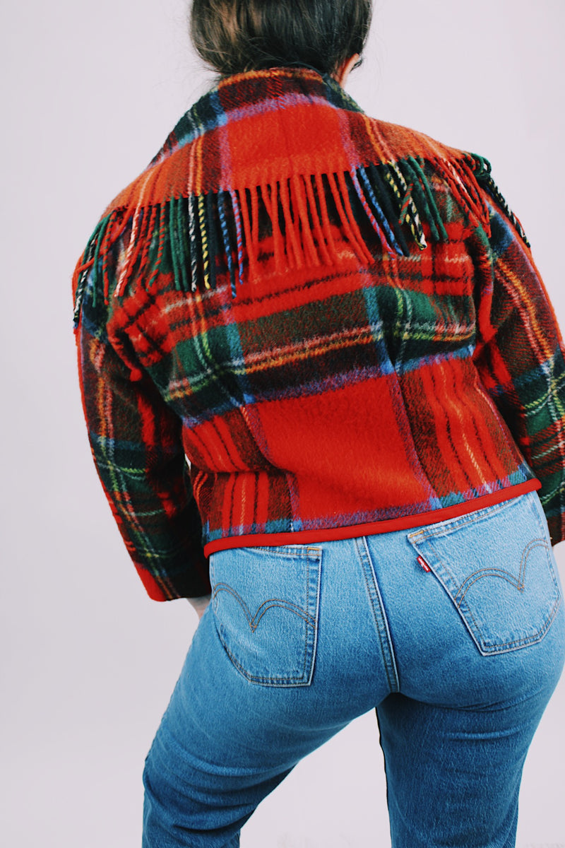 wool tartan vintage zip up cropped jacket 