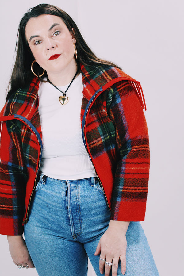 wool tartan vintage zip up cropped jacket 