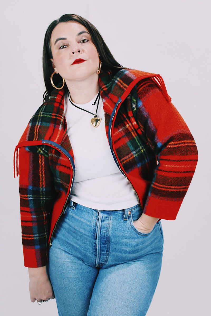 wool tartan vintage zip up cropped jacket 