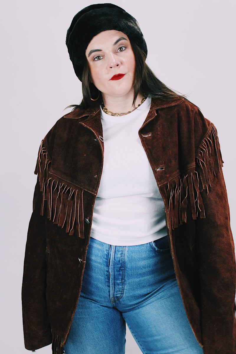 1970's brown suede western style jacket with fringe trim