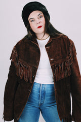 1970's brown suede western style jacket with fringe trim