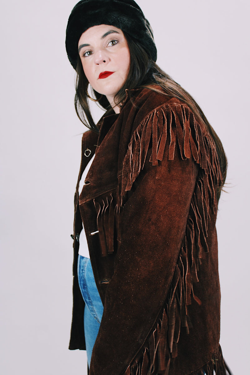 1970's brown suede western style jacket with fringe trim