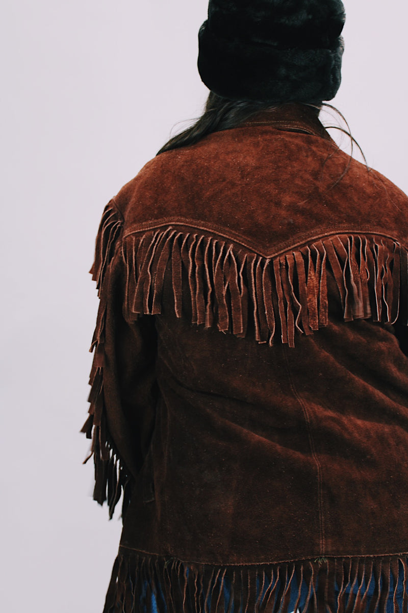 1970's brown suede western style jacket with fringe trim