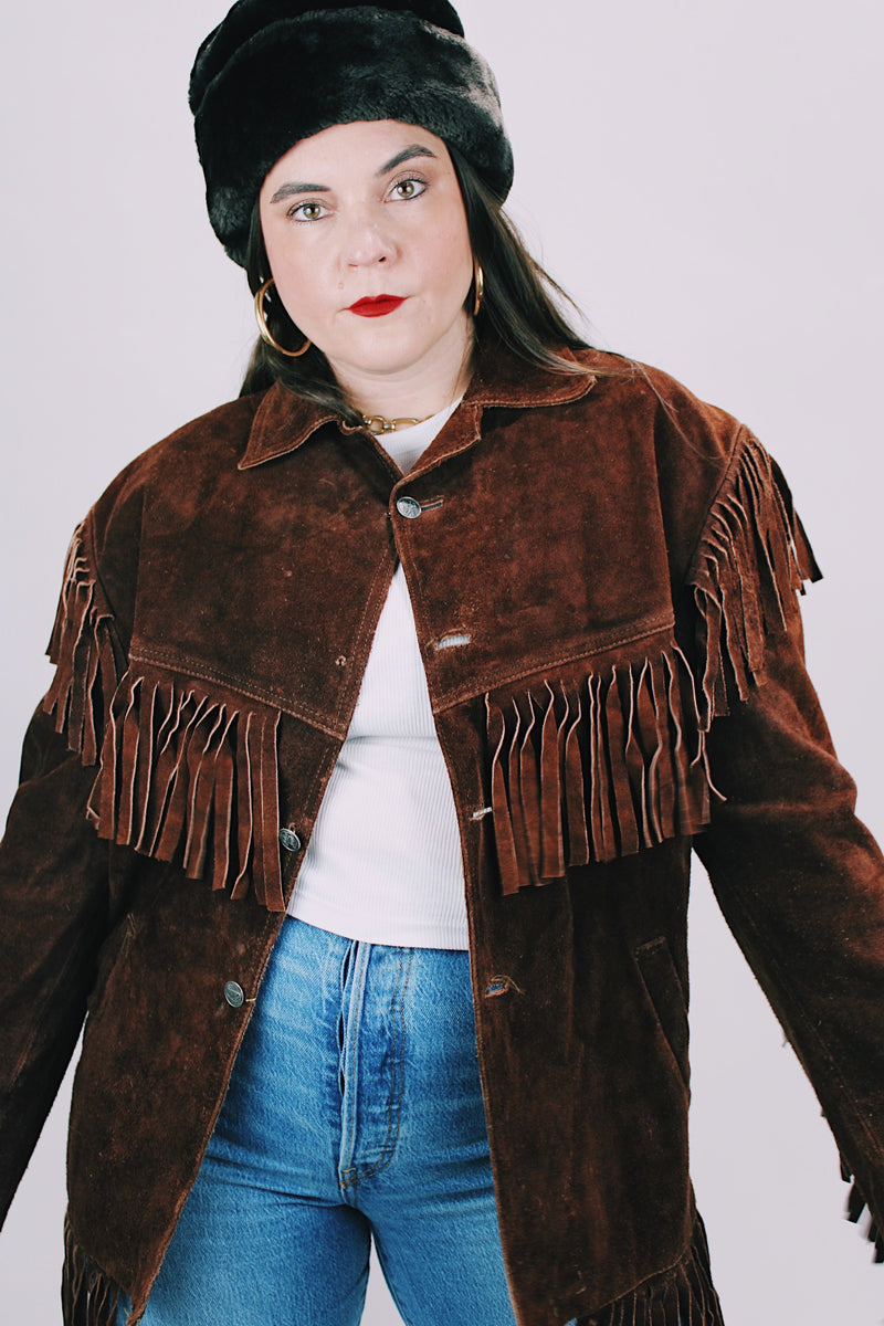 1970's brown suede western style jacket with fringe trim