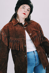 1970's brown suede western style jacket with fringe trim