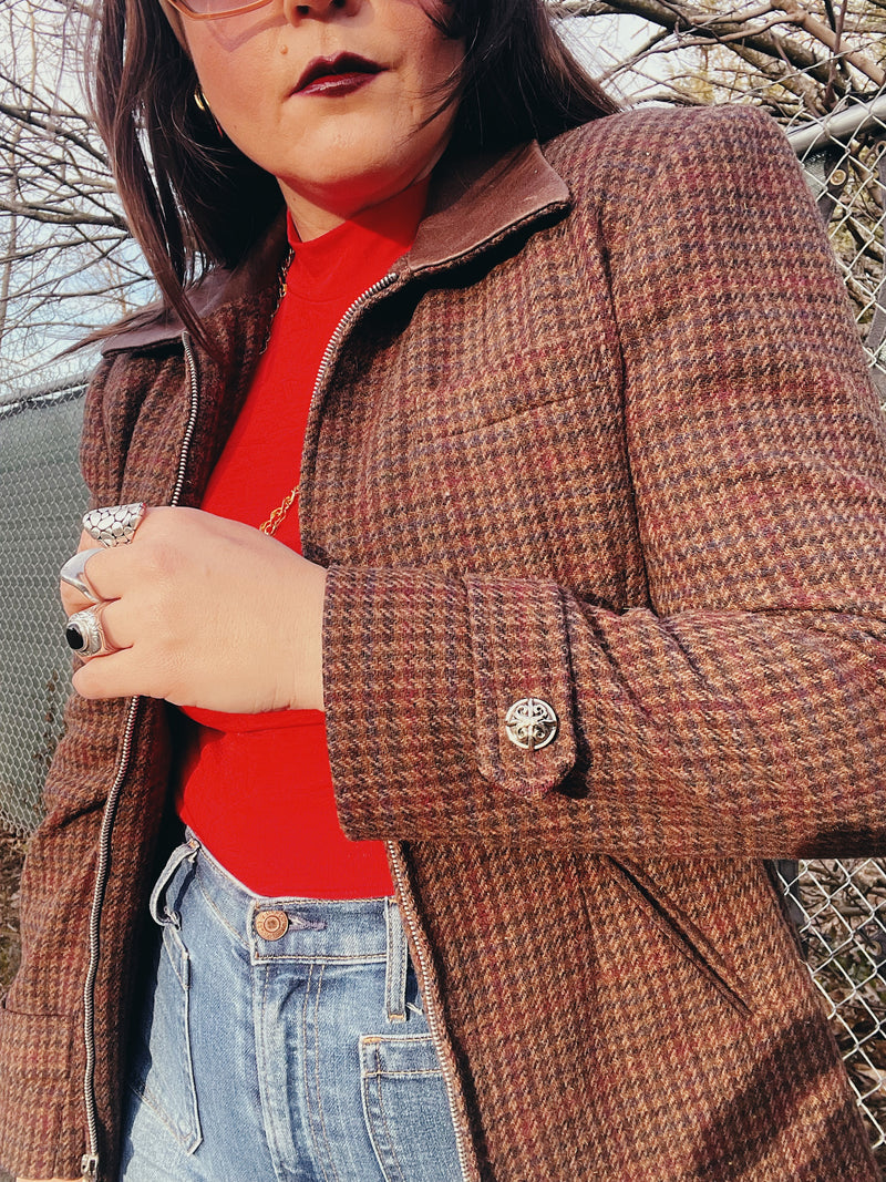 tartan jacket with leather collar
