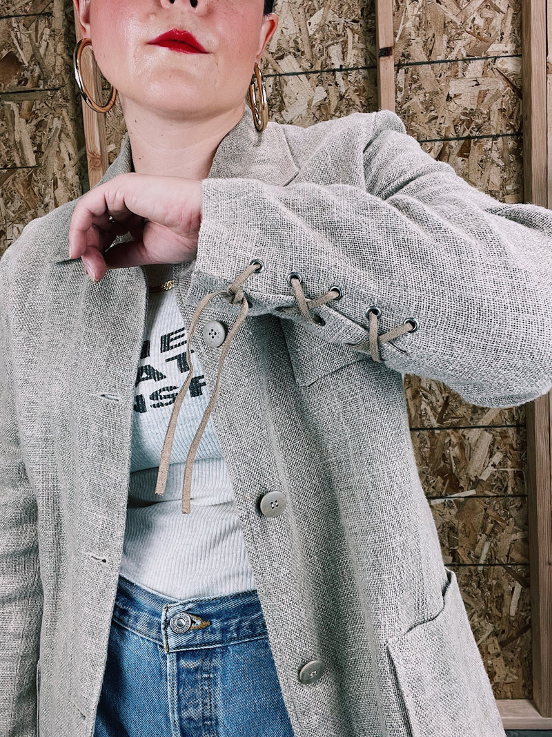 long sleeve tan linen lightweight jacket with tie cuffs