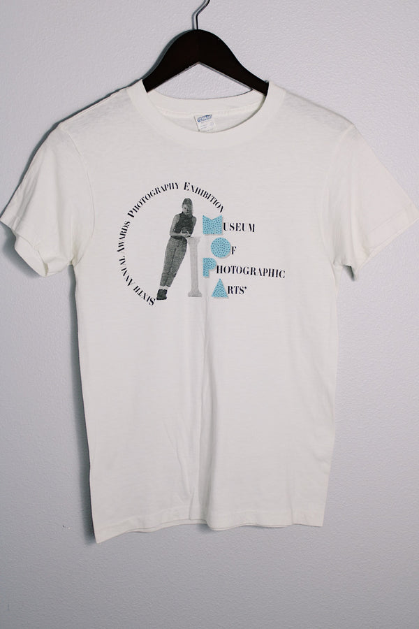 Women's or men's vintage 1980's Ched by Anvil, Made in USA label short sleeve white graphic t-shirt with large graphic on the front in a cotton and polyester material. 