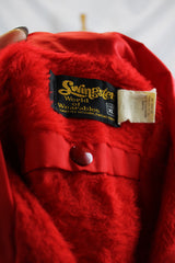Men's or women's vintage 1980's Swingster, World of Wearables label long sleeve lightweight Nylon red windbreaker with popper buttons up the front, a patch, and furry fleece liner