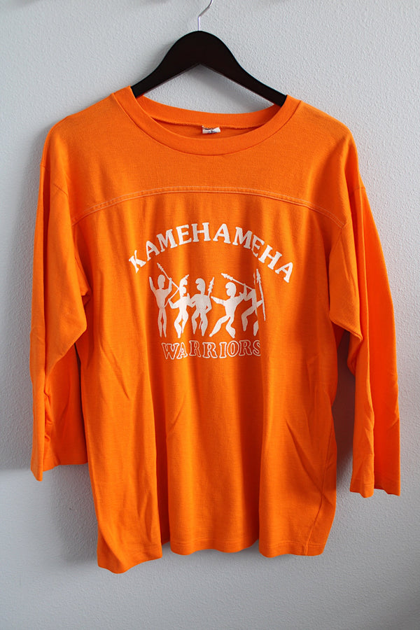 Women's or men's vintage 1970's Artex, Made in USA label long sleeve bright orange t-shirt with white text and graphic on front in cotton material. 