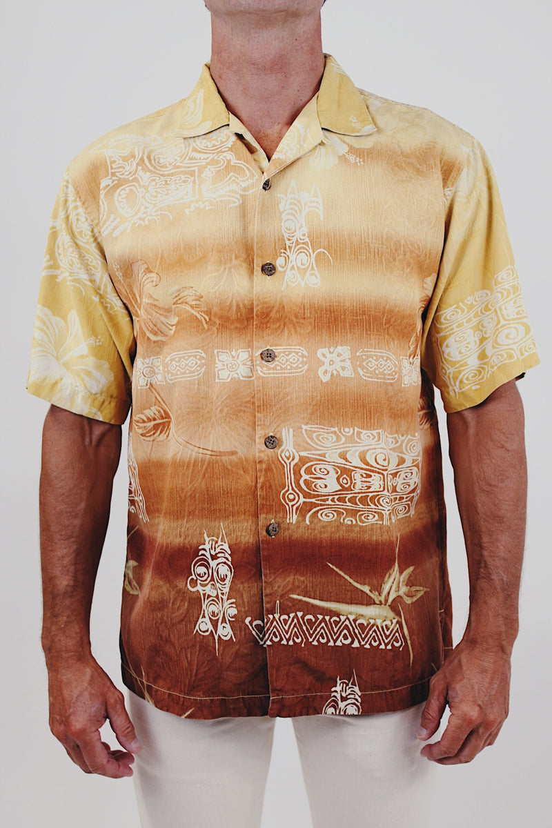 vintage men's hawaiian print button up front
