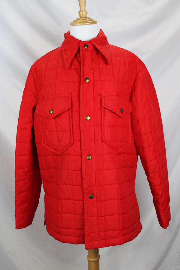 Men's or women's vintage 1980's Minnesota Woolen, Amalgamated Workers of America label long sleeve red nylon quilted lightweight puffy jacket with popper buttons.