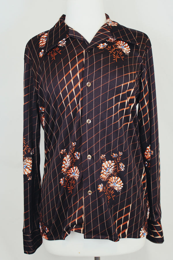 Men's or women's vintage 1970's Kings Road label long sleeve chocolate brown colored button up shirt with all over floral print in a slinky polyester material. 
