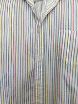 Men's or women's vintage 1970's Towncraft, Penneys label short sleeve white button up shirt with pink, yellow, and grey thin vertical stripes and one left chest pocket.