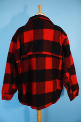 Women's or men's vintage 1960's Woolrich label long sleeve red and black buffalo plaid zip up shacket.