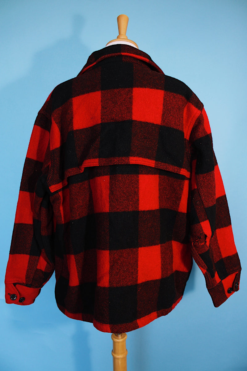 Women's or men's vintage 1960's Woolrich label long sleeve red and black buffalo plaid zip up shacket.