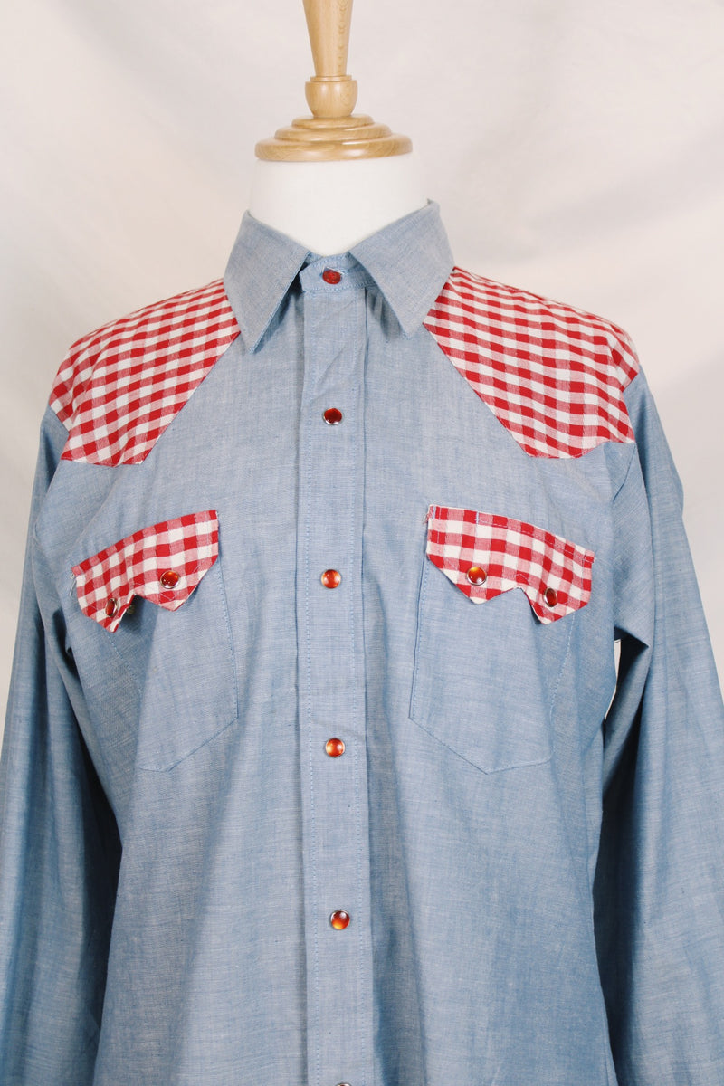 Men's vintage 1970's Dee Cee Brand, Authentic Western Wear, Made in USA long sleeve light blue chambray shirt with red and white gingham patchwork. 