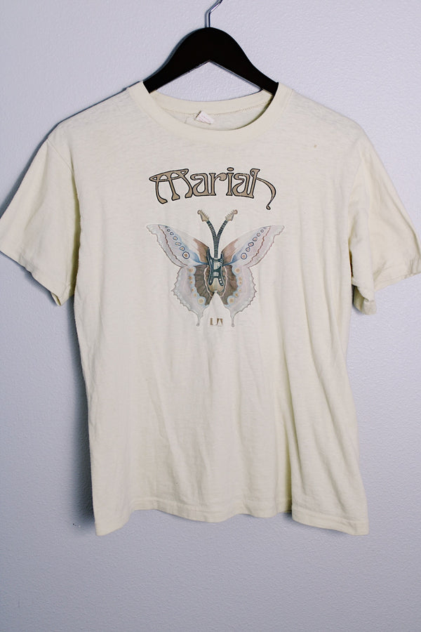 Women's or men's vintage 1970's Ched, Quality Knits label short sleeve cream colored Mariah band tee with brown butterfly graphic on the front. 