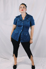 Women's vintage 1970's K Mart, Satisfaction Always, Made in Japan label navy blue shirt with dagger collar, silver popper buttons, and lots of pockets.