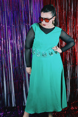 Women's vintage 1970's Saks Alley label sleeveless midi length kelly green polyester dress with sequin detail on chest. 