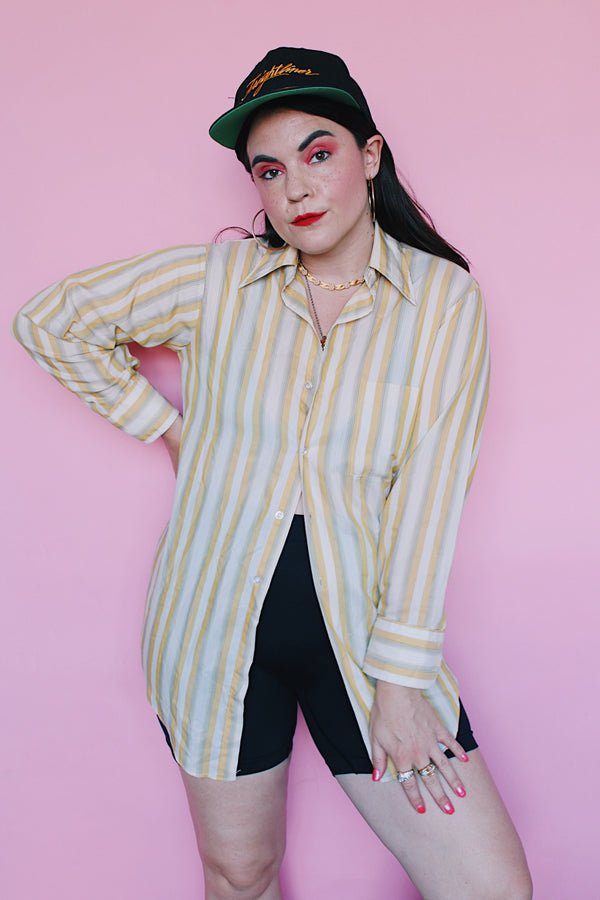 Men's or women's vintage 1960's Kent Collection by Arrow label long sleeve button up shirt with yellow, cream, and grey vertical stripes.