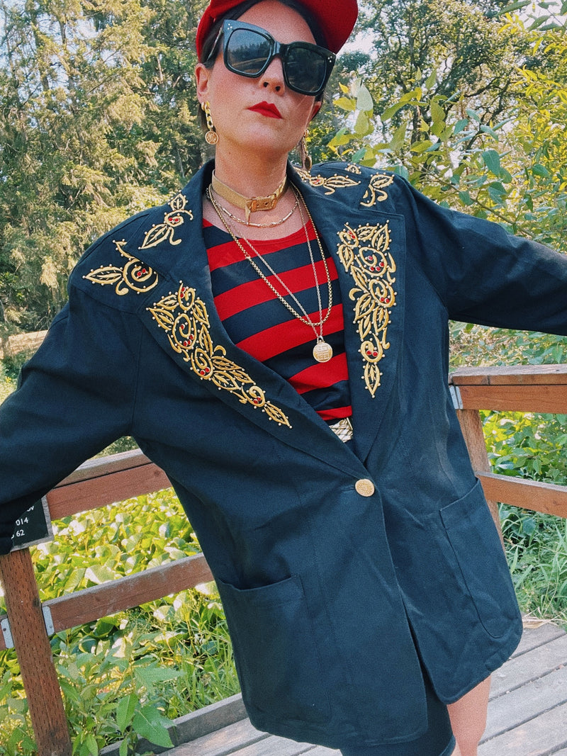 long sleeve oversized black cotton jacket with gold embroidery and bead details women's vintage 1980's